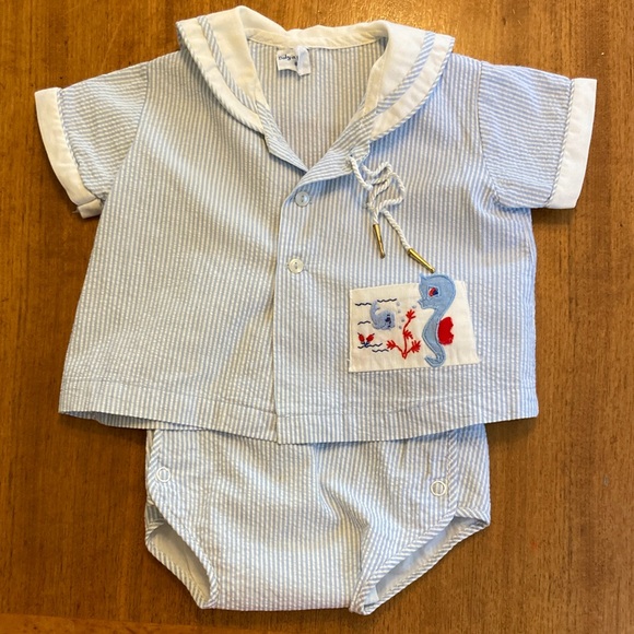 Vintage Other - Vintage 60s Two Piece Baby Sailor Suit Blue and White Seahorse 3-6mo
